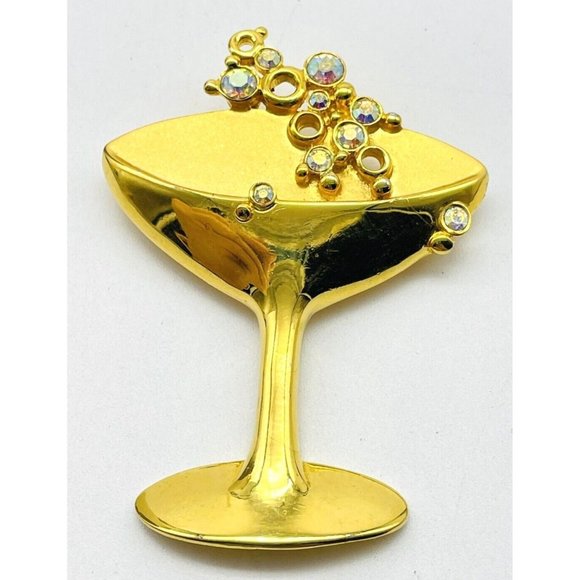 JJ Signed Champagne Glass and Bubbles Brooch Gold Tone Aurora Borealis Beads - Picture 1 of 7